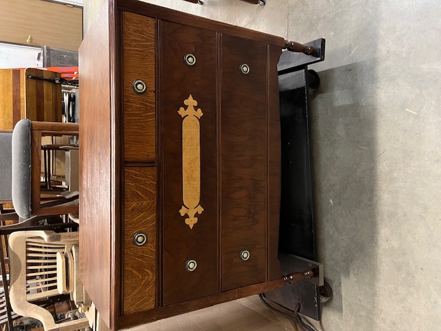 Restored antique dresser with inlay detail by CertiRestore in West Fargo ND